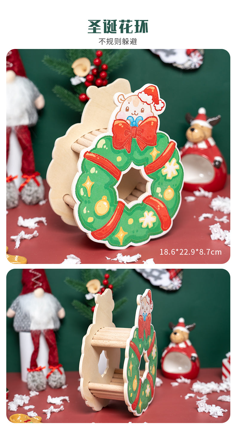 Cosmic Microwave Christmas themed set original handcrafted hamster Chamber House & Hideout & Ladder & flower arrangement.
